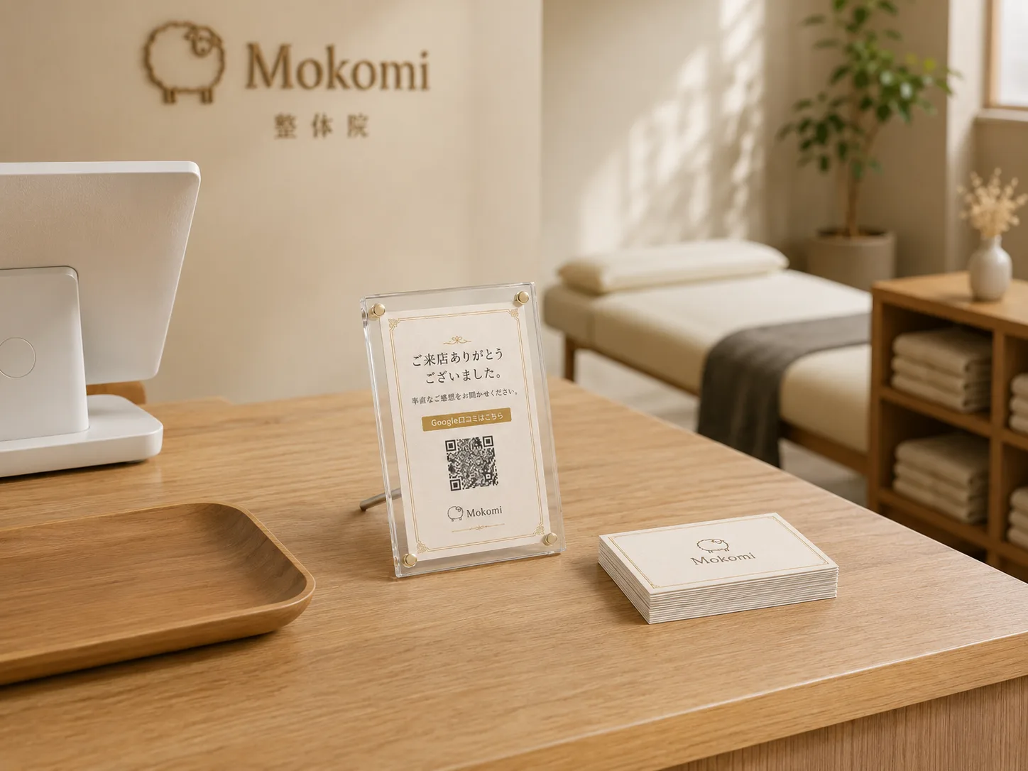 受付に置かれた口コミ依頼QRスタンド